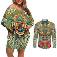 Hawaii Tiki Mask Personalized Couples Matching Off Shoulder Short Dress and Long Sleeve Button Shirt Mele Kalikimaka i Iulai!