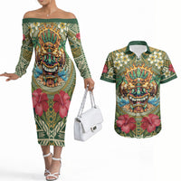 Hawaii Tiki Mask Personalized Couples Matching Off The Shoulder Long Sleeve Dress and Hawaiian Shirt Mele Kalikimaka i Iulai! LT9 Green - Polynesian Pride