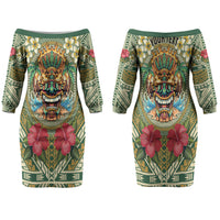 Hawaii Tiki Mask Personalized Couples Matching Off The Shoulder Long Sleeve Dress and Hawaiian Shirt Mele Kalikimaka i Iulai! LT9 - Polynesian Pride