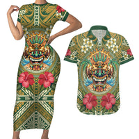 Hawaii Tiki Mask Personalized Couples Matching Short Sleeve Bodycon Dress and Hawaiian Shirt Mele Kalikimaka i Iulai!