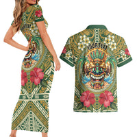 Hawaii Tiki Mask Personalized Couples Matching Short Sleeve Bodycon Dress and Hawaiian Shirt Mele Kalikimaka i Iulai! LT9 - Polynesian Pride