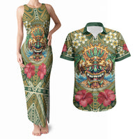 Hawaii Tiki Mask Personalized Couples Matching Tank Maxi Dress and Hawaiian Shirt Mele Kalikimaka i Iulai! LT9 Green - Polynesian Pride