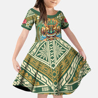 Hawaii Tiki Mask Personalized Family Matching Off Shoulder Maxi Dress and Hawaiian Shirt Mele Kalikimaka i Iulai! LT9 Daughter's Dress Green - Polynesian Pride