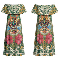 Hawaii Tiki Mask Personalized Family Matching Off Shoulder Maxi Dress and Hawaiian Shirt Mele Kalikimaka i Iulai! LT9 Mom's Dress Green - Polynesian Pride