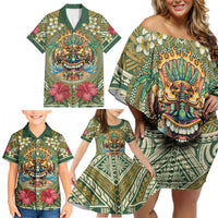 Hawaii Tiki Mask Personalized Family Matching Off Shoulder Short Dress and Hawaiian Shirt Mele Kalikimaka i Iulai! LT9 - Polynesian Pride