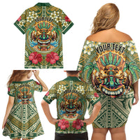 Hawaii Tiki Mask Personalized Family Matching Off Shoulder Short Dress and Hawaiian Shirt Mele Kalikimaka i Iulai! LT9 Mom's Dress Green - Polynesian Pride