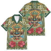 Hawaii Tiki Mask Personalized Family Matching Off Shoulder Short Dress and Hawaiian Shirt Mele Kalikimaka i Iulai! LT9 Dad's Shirt - Short Sleeve Green - Polynesian Pride