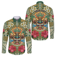 Hawaii Tiki Mask Personalized Family Matching Off Shoulder Short Dress and Hawaiian Shirt Mele Kalikimaka i Iulai! LT9 Dad's Shirt - Long Sleeve Green - Polynesian Pride