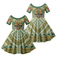 Hawaii Tiki Mask Personalized Family Matching Off Shoulder Short Dress and Hawaiian Shirt Mele Kalikimaka i Iulai! LT9 Daughter's Dress Green - Polynesian Pride