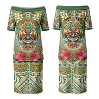 Hawaii Tiki Mask Personalized Family Matching Puletasi and Hawaiian Shirt Mele Kalikimaka i Iulai! LT9 Mom's Dress Green - Polynesian Pride