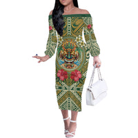 Hawaii Tiki Mask Personalized Off The Shoulder Long Sleeve Dress Mele Kalikimaka i Iulai! LT9 Women Green - Polynesian Pride
