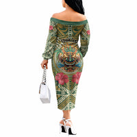Hawaii Tiki Mask Personalized Off The Shoulder Long Sleeve Dress Mele Kalikimaka i Iulai! LT9 - Polynesian Pride