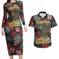 Hawaii Tiki Surfing Couples Matching Long Sleeve Bodycon Dress and Hawaiian Shirt Mele Kalikimaka i Iulai! LT9 Black - Polynesian Pride
