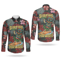 Hawaii Tiki Surfing Couples Matching Long Sleeve Bodycon Dress and Long Sleeve Button Shirt Mele Kalikimaka i Iulai! LT9 - Polynesian Pride