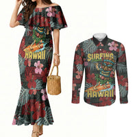 Hawaii Tiki Surfing Couples Matching Mermaid Dress and Long Sleeve Button Shirt Mele Kalikimaka i Iulai! LT9 Black - Polynesian Pride