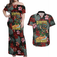 Hawaii Tiki Surfing Couples Matching Off Shoulder Maxi Dress and Hawaiian Shirt Mele Kalikimaka i Iulai! LT9 Black - Polynesian Pride