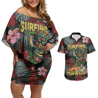 Hawaii Tiki Surfing Couples Matching Off Shoulder Short Dress and Hawaiian Shirt Mele Kalikimaka i Iulai! LT9 Black - Polynesian Pride
