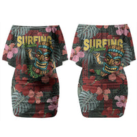 Hawaii Tiki Surfing Couples Matching Off Shoulder Short Dress and Hawaiian Shirt Mele Kalikimaka i Iulai! LT9 - Polynesian Pride