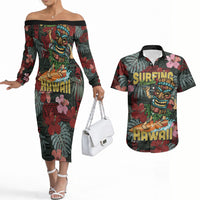 Hawaii Tiki Surfing Couples Matching Off The Shoulder Long Sleeve Dress and Hawaiian Shirt Mele Kalikimaka i Iulai! LT9 Black - Polynesian Pride