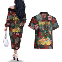 Hawaii Tiki Surfing Couples Matching Off The Shoulder Long Sleeve Dress and Hawaiian Shirt Mele Kalikimaka i Iulai! LT9 - Polynesian Pride