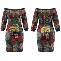 Hawaii Tiki Surfing Couples Matching Off The Shoulder Long Sleeve Dress and Long Sleeve Button Shirt Mele Kalikimaka i Iulai! LT9 - Polynesian Pride