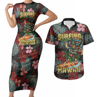Hawaii Tiki Surfing Couples Matching Short Sleeve Bodycon Dress and Hawaiian Shirt Mele Kalikimaka i Iulai! LT9 Black - Polynesian Pride