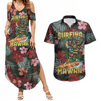 Hawaii Tiki Surfing Couples Matching Summer Maxi Dress and Hawaiian Shirt Mele Kalikimaka i Iulai! LT9 Black - Polynesian Pride