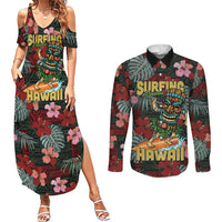 Hawaii Tiki Surfing Couples Matching Summer Maxi Dress and Long Sleeve Button Shirt Mele Kalikimaka i Iulai!