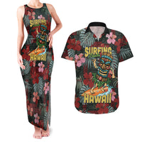Hawaii Tiki Surfing Couples Matching Tank Maxi Dress and Hawaiian Shirt Mele Kalikimaka i Iulai! LT9 Black - Polynesian Pride
