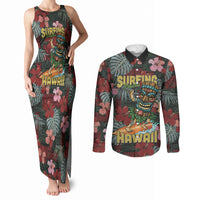 Hawaii Tiki Surfing Couples Matching Tank Maxi Dress and Long Sleeve Button Shirt Mele Kalikimaka i Iulai! LT9 Black - Polynesian Pride