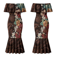 Kanoa Hawai'i Hibiscus Couples Matching Mermaid Dress and Long Sleeve Button Shirt Polynesian Tribal Tattoo Pattern Floral Elements