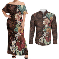 Kanoa Hawai'i Hibiscus Couples Matching Off Shoulder Maxi Dress and Long Sleeve Button Shirt Polynesian Tribal Tattoo Pattern Floral Elements