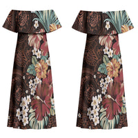 Kanoa Hawai'i Hibiscus Couples Matching Off Shoulder Maxi Dress and Long Sleeve Button Shirt Polynesian Tribal Tattoo Pattern Floral Elements