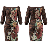 Kanoa Hawai'i Hibiscus Couples Matching Off The Shoulder Long Sleeve Dress and Long Sleeve Button Shirt Polynesian Tribal Tattoo Pattern Floral Elements