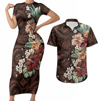 Kanoa Hawai'i Hibiscus Couples Matching Short Sleeve Bodycon Dress and Hawaiian Shirt Polynesian Tribal Tattoo Pattern Floral Elements