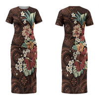 Kanoa Hawai'i Hibiscus Couples Matching Short Sleeve Bodycon Dress and Long Sleeve Button Shirt Polynesian Tribal Tattoo Pattern Floral Elements