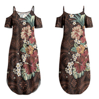 Kanoa Hawai'i Hibiscus Couples Matching Summer Maxi Dress and Long Sleeve Button Shirt Polynesian Tribal Tattoo Pattern Floral Elements