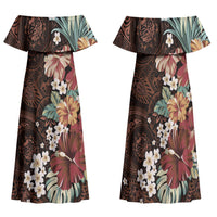 Kanoa Hawai'i Hibiscus Family Matching Off Shoulder Maxi Dress and Hawaiian Shirt Polynesian Tribal Tattoo Pattern Floral Elements