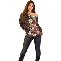 Kanoa Hawai'i Hibiscus Off Shoulder Sweater Polynesian Tribal Tattoo Pattern Floral Elements