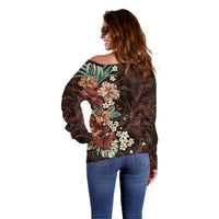 Kanoa Hawai'i Hibiscus Off Shoulder Sweater Polynesian Tribal Tattoo Pattern Floral Elements