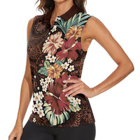 Kanoa Hawai'i Hibiscus Women Sleeveless Polo Shirt Polynesian Tribal Tattoo Pattern Floral Elements