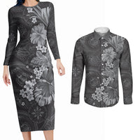Pauli Hawai'i Hibiscus Couples Matching Long Sleeve Bodycon Dress and Long Sleeve Button Shirt Polynesian Tribal Tattoo Pattern Floral Elements