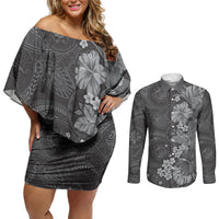 Pauli Hawai'i Hibiscus Couples Matching Off Shoulder Short Dress and Long Sleeve Button Shirt Polynesian Tribal Tattoo Pattern Floral Elements