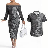 Pauli Hawai'i Hibiscus Couples Matching Off The Shoulder Long Sleeve Dress and Hawaiian Shirt Polynesian Tribal Tattoo Pattern Floral Elements