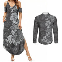 Pauli Hawai'i Hibiscus Couples Matching Summer Maxi Dress and Long Sleeve Button Shirt Polynesian Tribal Tattoo Pattern Floral Elements