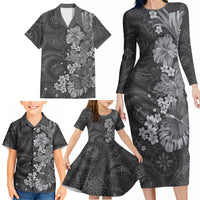 Pauli Hawai'i Hibiscus Family Matching Long Sleeve Bodycon Dress and Hawaiian Shirt Polynesian Tribal Tattoo Pattern Floral Elements