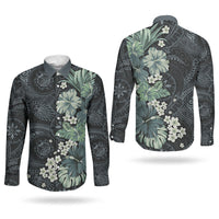 Pauliuli Hawai'i Hibiscus Couples Matching Off Shoulder Maxi Dress and Long Sleeve Button Shirt Polynesian Tribal Tattoo Pattern Floral Elements