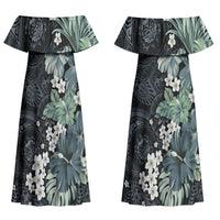Pauliuli Hawai'i Hibiscus Couples Matching Off Shoulder Maxi Dress and Long Sleeve Button Shirt Polynesian Tribal Tattoo Pattern Floral Elements