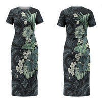 Pauliuli Hawai'i Hibiscus Couples Matching Short Sleeve Bodycon Dress and Hawaiian Shirt Polynesian Tribal Tattoo Pattern Floral Elements