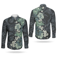Pauliuli Hawai'i Hibiscus Couples Matching Short Sleeve Bodycon Dress and Long Sleeve Button Shirt Polynesian Tribal Tattoo Pattern Floral Elements